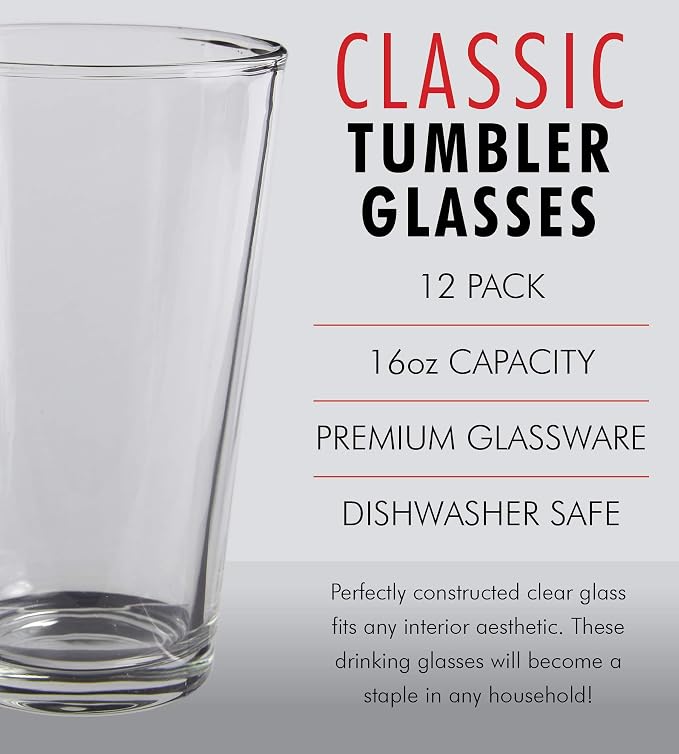 Kitchen Lux Pint Beer Glasses Set of 12 (16oz) Tall Clear Drinking Glasses | All Purpose Tumbler – Heavy Base for Ale, Cocktail, Water, Juice – Pub Style Design For Home Dining, Bars, and Parties