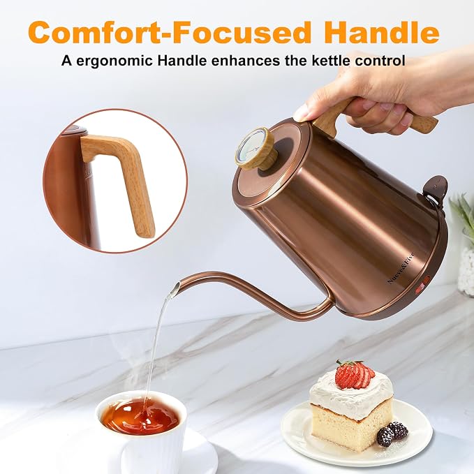 Nueve&Five Electric Gooseneck Kettle with Thermometer, 1.0L Pour Over Hot Water Kettle for Coffee and Tea, 1000W, Auto Shutoff, Boil-Dry Protection,Copper