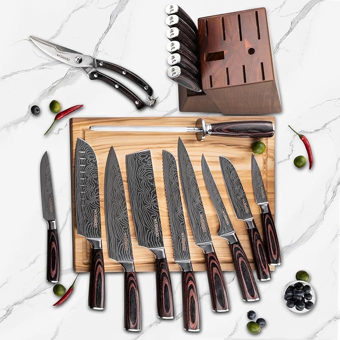 Seido Master 17-Piece Damascus Knife Block Set, Acacia Wood Block | Damascus steel kitchen knives with matching storage block for complete home chef prep