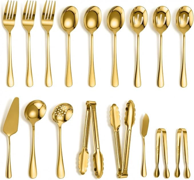 17pcs Gold Serving Utensils Set,Stainless Steel Large Serving Spoons,Slotted Spoon,Fork,Tongs,Cake Pie Server,Soup Spoon,Metal Buffet Banquet Cutlery for Parties Weeding Birthday Entertaining Catering