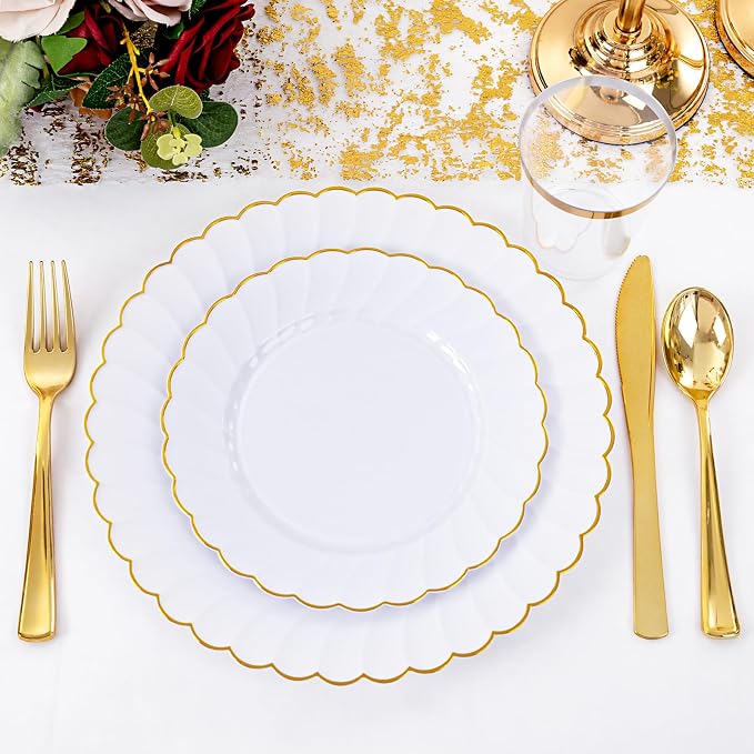 YOUBET 350PCS White and Gold Scalloped Plastic Plates for Wedding Party | White and Gold Disposable Dinnerware Set Include 100 Plates, 150 Gold Silverware, 50 Cups, 50 Napkins