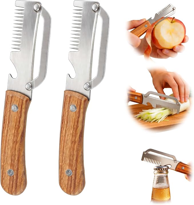 Julienne Peeler Vegetable Peeler for Veggie Potato Carrot(2 Pack) | Multifunctional Cabbage Shredder | 3 in 1 Peeler and Julienne Shredder Tool | Wooden Handle | Bottle Opener