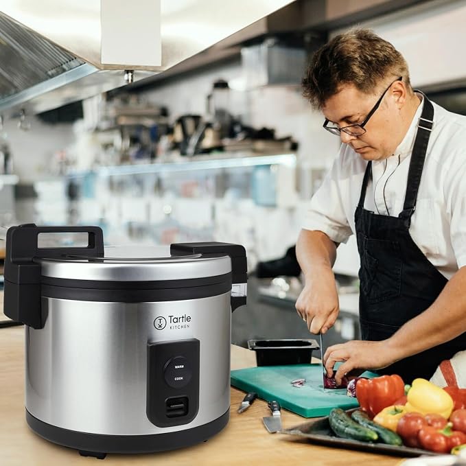 TK Commercial Rice Cooker 64 Cup - Large Capacity Nonstick Pot - Auto Warm | 32 uncooked cups ready in 45 min; 3D heating for evenly cooked rice; Stainless steel body; Swappable TK pot; Cup & scoop