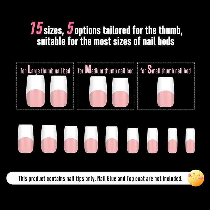 NOVO OVO Old School Retro French Tips Nails Press on, Medium Length Tapered Square BABY PINK, Extra Thick Soft Gel Fake Acrylic Extension, Need Builder Gel, Top Coat, Glue 15 Sizes 240 pcs