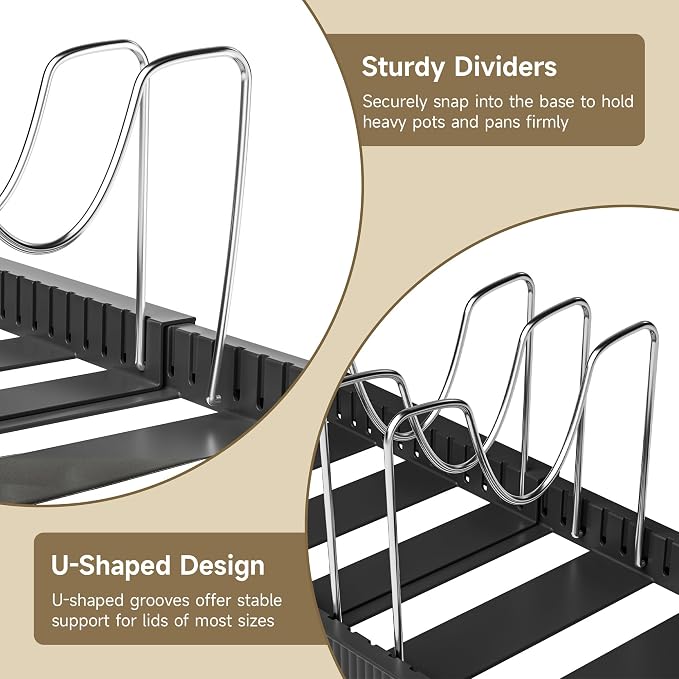 MUDEELA Pots and Pans Organizer under Cabinet, Pan Pot Organizer Inside Cabinet, Expandable 12.9''-21.88'' Pot Lid Organizer Holder with 12 Adjustable Dividers for Cutting Boards, Pan Lid Rack, Black
