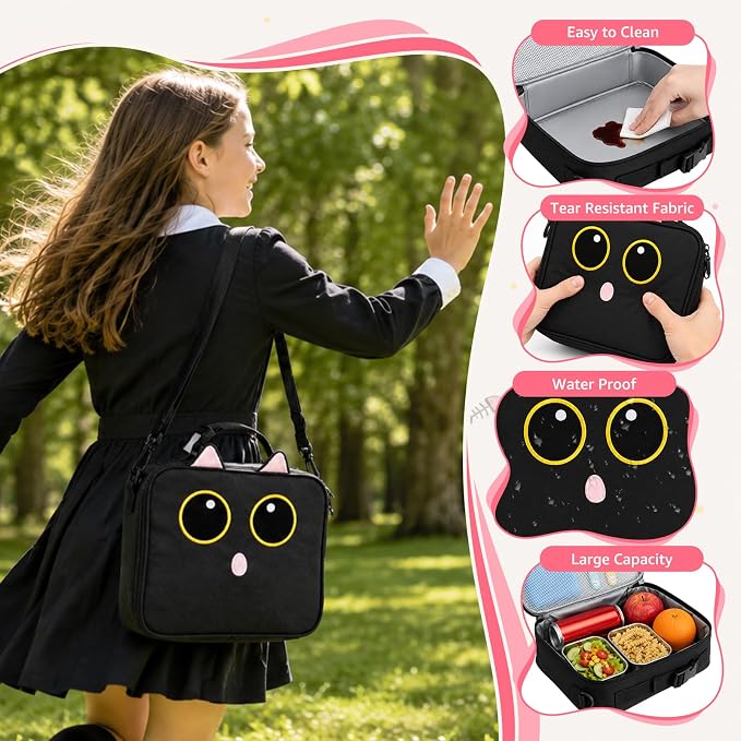 Insulated Lunch Bag lonchera for Teen Girl Boy Kid Bento Box Reusable Large Capacity Portable Waterproof Leakproof with Name Tag to School Office Picnic Travel (1PCS Lunch Bag) (Black)