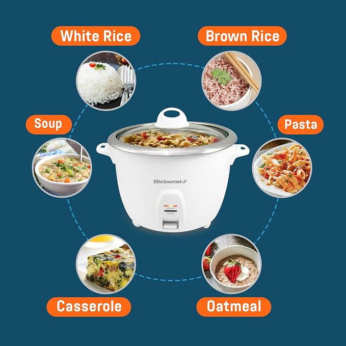 Elite Gourmet ERC-2010 Rice Cooker, Stainless Steel, White, 10 Cups Cooked | Keep Warm - Also Makes Soups, Stews, Grains and Cereals for Versatile Everyday Family Cooking