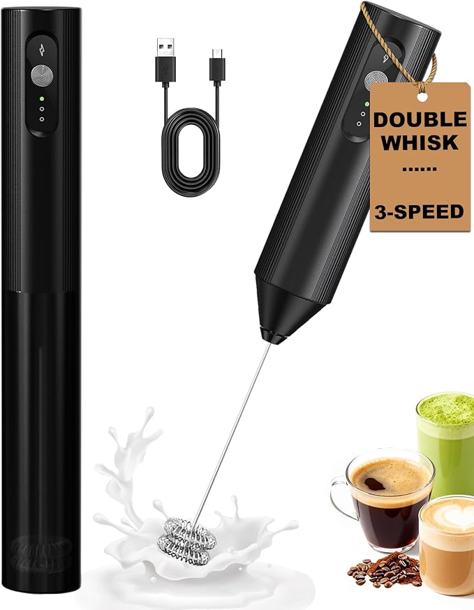 3-Speed Rechargeable Milk Frother Handheld, Black | Dual Coil Whisk, with Cover - Portable Frother for Coffee, Matcha, Cappuccino, Hot Chocolate & Protein Shakes