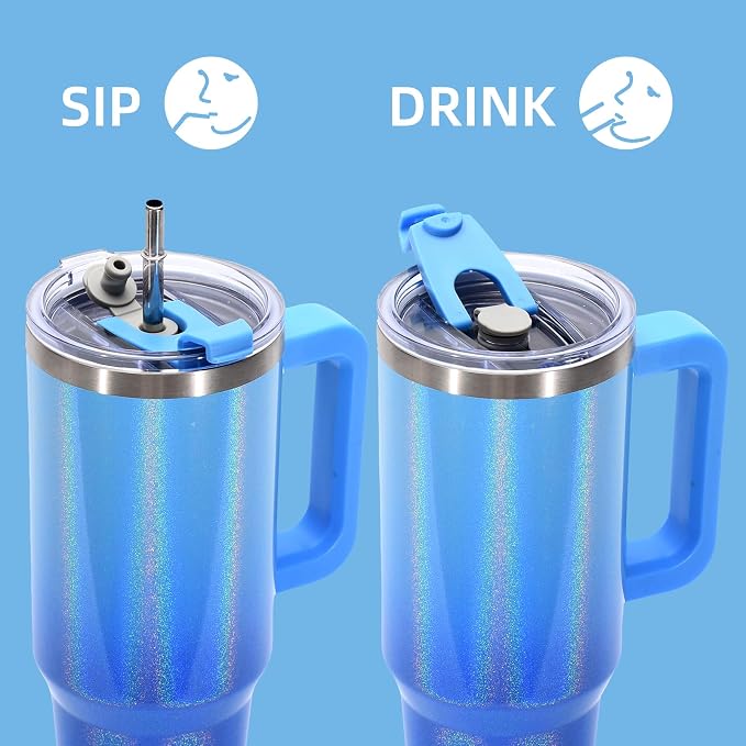 40 oz Shiny Tumbler with Handle and Straw,Stainless Steel Tumbler with Lid and Straw,Insulated Travel Mug(Cold for 34 Hours),Water Bottle for Iced Tea,Coffee (Blue)
