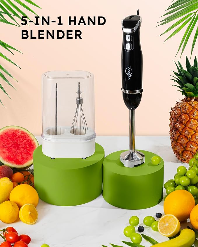 Sangcon 5-in-1 Immersion Blender Handheld with 1000ml Cup, 2-Speed Adjustable Hand Blender with 304 Stainless Blades, Detachable Whisk and Milk Frother