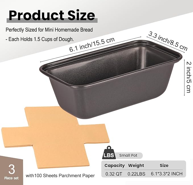 3 PCS Mini Loaf Baking Pans Set, 6 x 3.3 x 2 Inch Carbon Steel Rectangle Bakeware with 100 Parchment Liners for Baking Toast, Cakes, Small Banana Breads, Black Gray Colors