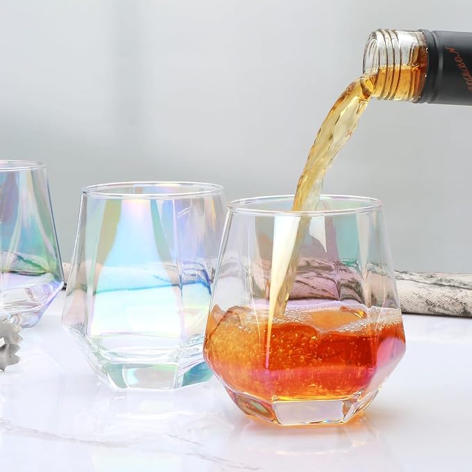 Wine Glasses Set of 4, Iridescent Stemless Wine Glasses 10oz | Geometric Diamond Shaped Glass Cups, Red and White Wine, Whiskey, Cocktail, Bourbon, Juice, Water
