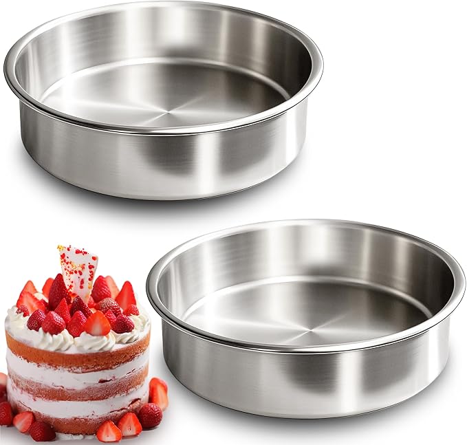 8 Inch Cake Pan Set of 2, Food-Grade Stainless Steel Round Baking Pans | No Coating Cake Pan for Layer Cakes, Heavy Duty, One-Piece Design Warp-Resistant, Non-Toxic, Dishwasher Safe