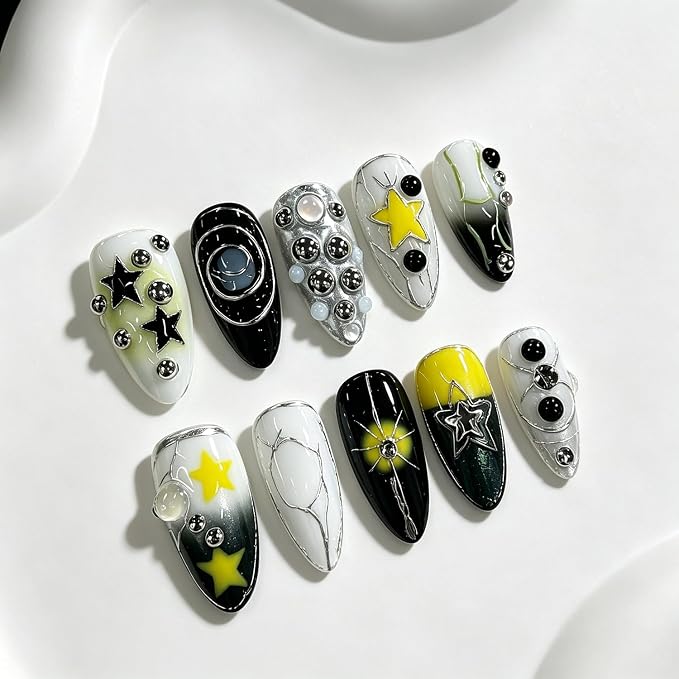Handmade Press on Nails Medium Almond Gradient Fake Nails with 3D Steel Ball Designs Y2K Metal Embossed Stick on Nails Salon Quality False Nail Summer Stars Acrylic Nail Kit 10pcs (M)