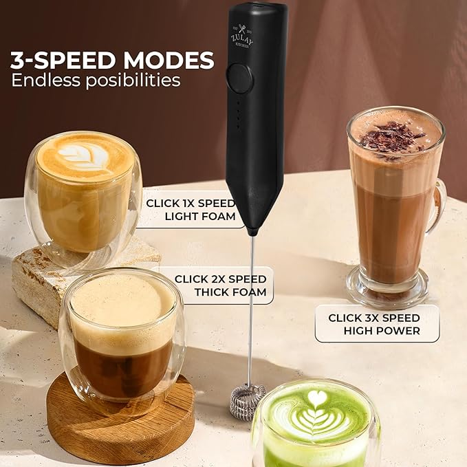 Zulay Kitchen Rechargeable Milk Frother Handheld - Frother Wand, Drink Mixer, Electric Whisk Frother, for Cappuccinos, Matcha & Protein Powder - Dynamic 3 Whisk, 3 Speed 500mAh Black