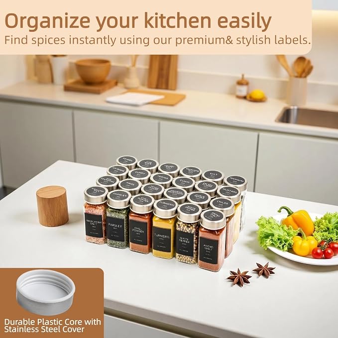 Glass Spice Jars with Labels, Seasoning Jars; 26 Pcs Stainless Steel Lids/Airtight Lids Keep Spice Fresh; Pepper Grinder Lid, 360 Labels, Funnel and Brush, Shaker Inserts; 4 oz Jar Set