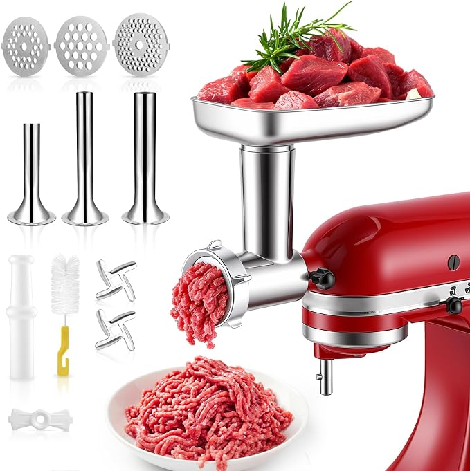 Stainless Steel Meat Grinder Attachment for KitchenAid Stand Mixer | Food Grade, Heavy Duty, No Clog, Dishwasher Safe, Sausage Stuffer & Burger Maker