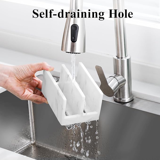 Luxspire Kitchen Sponge Holder wtih Drain Tray, 2 Compartment, Gravel White | Diatomite Stone Material, Quick-Drying & Water Absorbing stone dish sponge, For Kitchen Sink Counter, Easy to Maintain