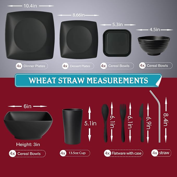 Teivio 44-piece Plastic Wheat Straw Square Dinnerware Set for 4, Unbreakable Dinner Plates, Salad/Tidbit Plates, Snack/Fruit Bowls, Tumblers 13.5oz, Flatware, Dishwasher Safe Outdoor RV Dishes, Black