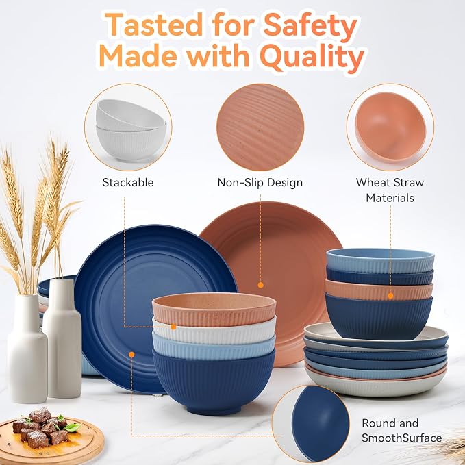 Wheat Straw Dinnerware Sets,64-Piece Plates and Bowls Sets for 8-Unbreakable,Reusable Plastic Dish Set-Dinner Plate/Dessert Plate/Cereal Bowl/Cup/Utensils-Dishwasher Safe 64P-Oecan Coral