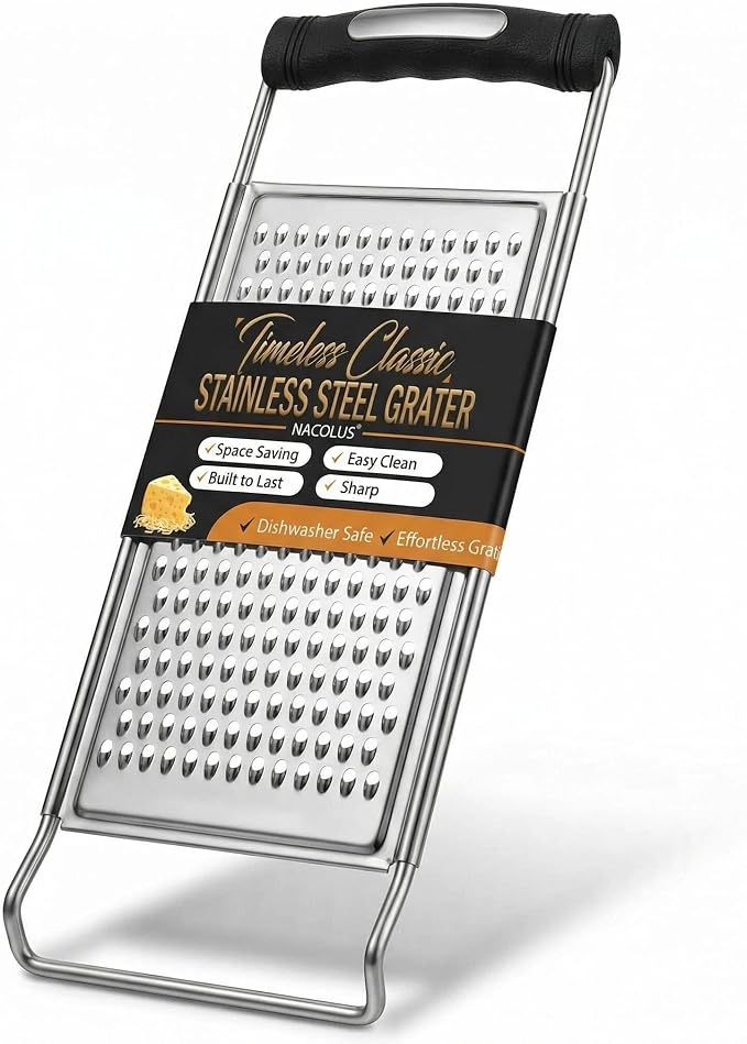 NACOLUS Classic Fine Cheese Grater & Zester,Stainless Steel Handheld | ultra-sharp,stainless cheese shredder&zester for cheese,citrus,ginger,garlic,flat design easy clean,slim for easy storage