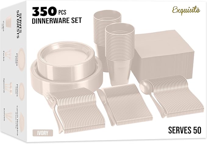 Exquisite 350 Pcs Ivory plates and napkins Party supplies Plate Set | Sturdy Plastic Dinnerware Set with 9" & 7" Plates, 12 Oz Cups, Napkins and Cutlery Serves 50 For Birthdays & Everyday