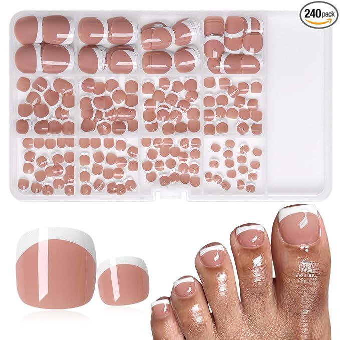 240pc White French Tip Press on Toenails Short Square False Toenail, Coffee Fake Toe Nails Kit with Glue, 12 Sizes Acrylic Glue on Nails Toes Square French Tip Press-on Toe Nail for Women Girls