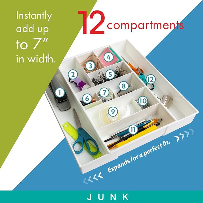 Dial Industries Expandable Junk Drawer Desk Organizer Storage Tray | Adjusts to fit narrow or wide drawers, Keeps pens, tools and small items separated, Great for desks, offices or kitchens