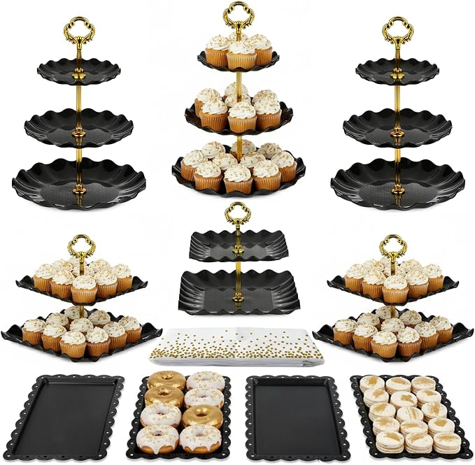 Pack of 11 NWK Cake Stand Set of Cupcake Stand, Tray & Table Cloth (Black) | Includes 3 x 2-Tier & 3 x 3-Tier Cupcake Stands, 4 Appetizer Trays, Plus 1 Tablecloth. Ideal for Parties, Black Design