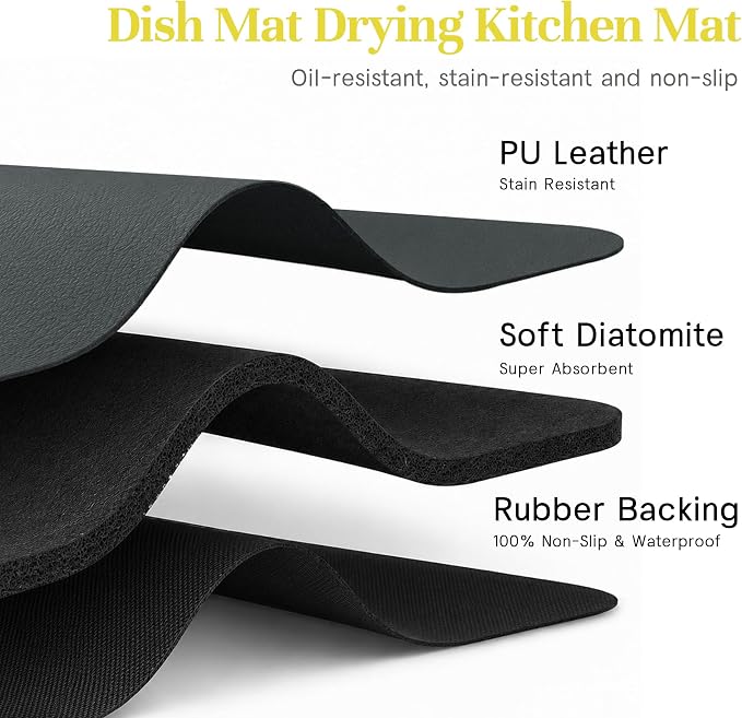 Soft Dish Drying Mat & Dish Rack Set, Large, Gray | Quick-drying, easy-to-clean dish mat with rust-proof stainless steel dish rack. Ideal for kitchen counter.