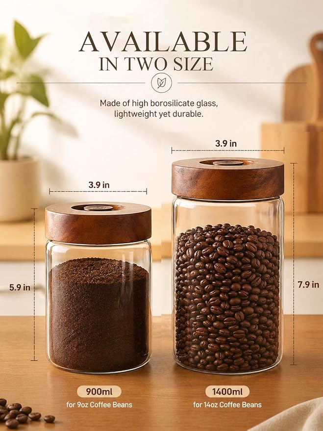 Coffee Canister, 9oz Airtight Glass Storage Jar with Wooden Lid | One way CO₂ valve helps keep beans fresh, thick glass jar for coffee beans, grounds, tea, sugar, spices, and countertop decor