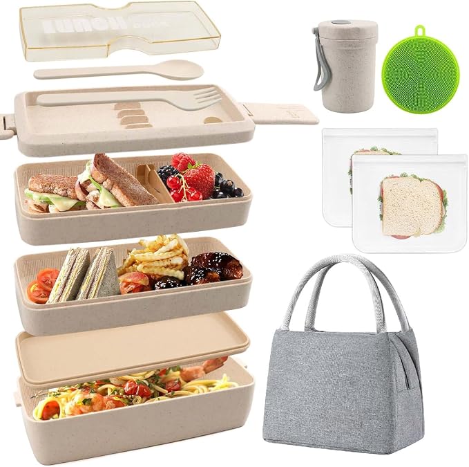 Bento Box Japanese Lunch Box Kit Leakproof Bento Lunch Box for Kids Adults Wheat Straw 3 Layer Stackable Lunch Containers with Compartment Eco-Friendly Meal Prep Containers (Beige)