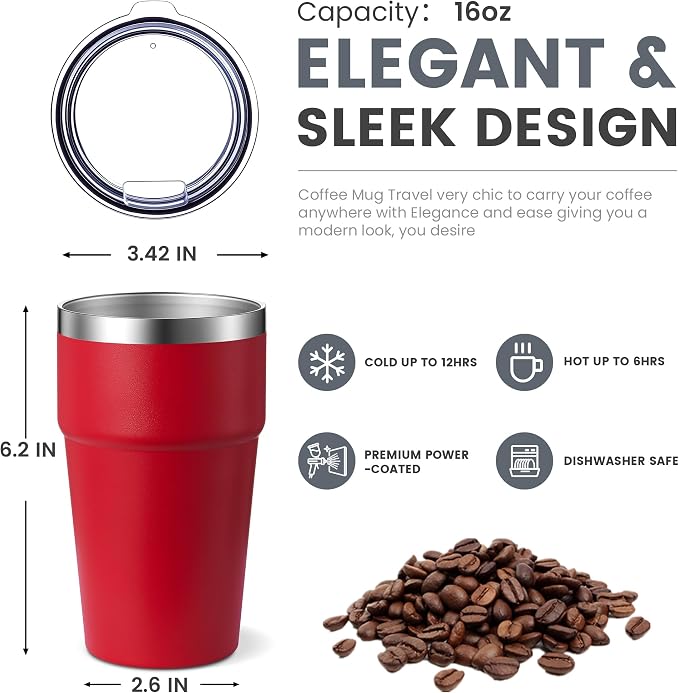 MEWAY 16oz Tumbler Double Wall Vacuum Insulated Travel Mug Bulk, Stainless Steel Tumblers with Lid, Powder Coated Coffee Cups for Cold & Hot Drinks (Red,6 Pack)