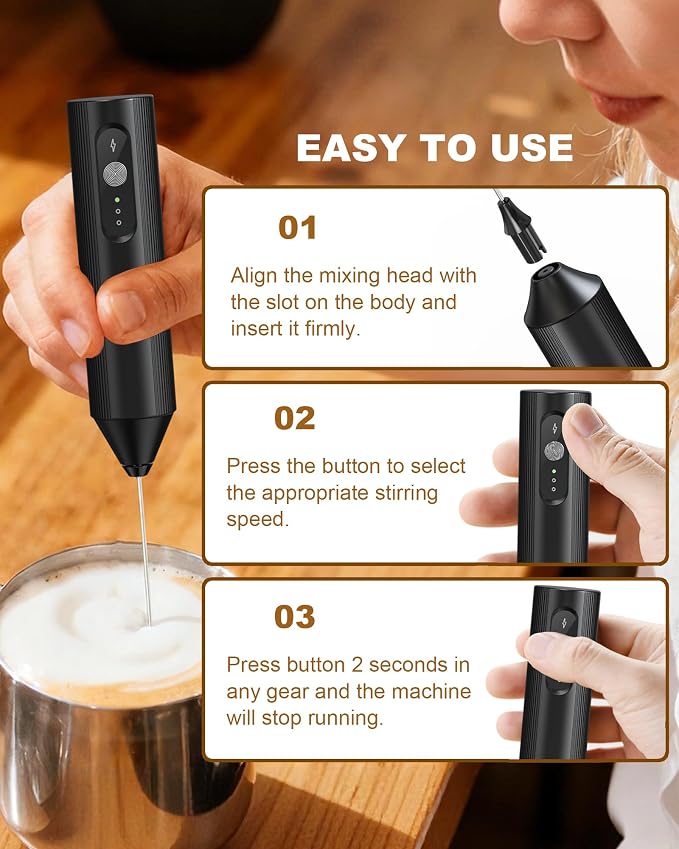 3-Speed Rechargeable Milk Frother Handheld, Black | Dual Coil Whisk, with Cover - Portable Frother for Coffee, Matcha, Cappuccino, Hot Chocolate & Protein Shakes