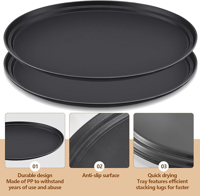 FillTouch 2 Pcs Restaurant Serving Trays PP Plastic Non Slip Rubber Lined Large Oval Tray for Kitchen Dining Room Cafeterias Fast Food Service (24 x 29 Inch,Black)