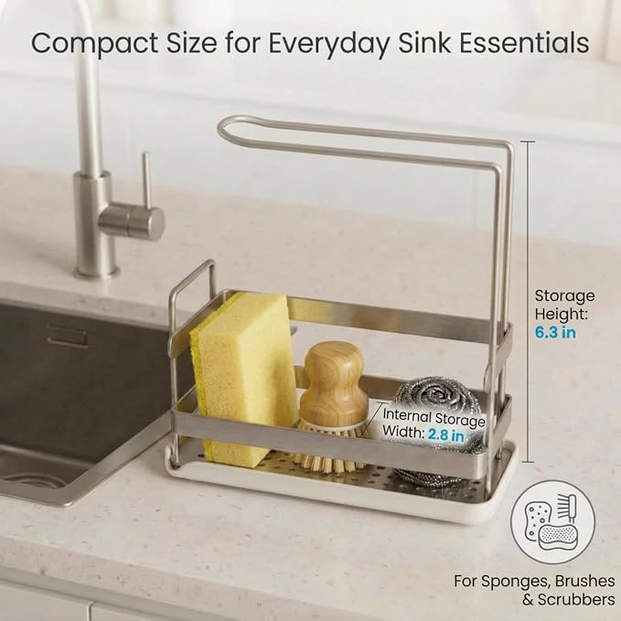 Kitchen Sink Caddy, Compact Sponge Brush Holder Brushed Nickel | Carbon Steel, Towel Rack & Removable Drain Tray, Sponge & Brush Organizer, Compact Sink Storage, Fits Standard Kitchen Sink