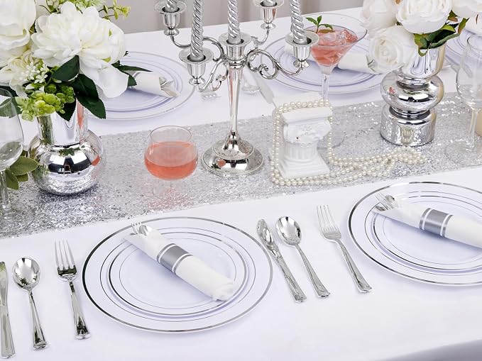 30 Pack Pre Rolled Silver Plastic Silverware, Linen Napkin Set | Heavy Duty Disposable Wrapped Flatware Cutlery Set for Business Banquets, Weddings, Thanksgiving Christmas