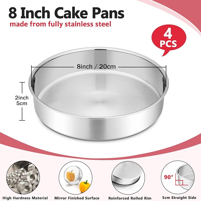 P&P CHEF 8 Inch Cake Pan Set of 4, Stainless Steel Round Cake Pans Tins | Baking Round Cake Bakeware for Birthday Wedding, Leak-proof & Mirror Finish & Easy Releasing, Dishwasher Safe