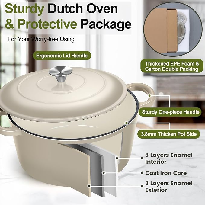 P&P CHEF 6QT Enameled Dutch Oven, Dutch Oven Pot for Bread Baking, Khaki | 6 Quart Enameled Cast Iron Casserole Pot with Lid, for Roasting Braising Stewing Frying Simmering, Work on Various Stoves