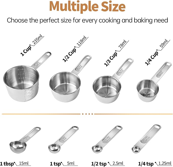 YC Kitchen Measuring Cups and Spoons Set, 8-Piece, Stainless Steel | Metal Handles, Stackable Design, for Dry and Liquid Ingredients - Dishwasher Safe for Cooking & Baking