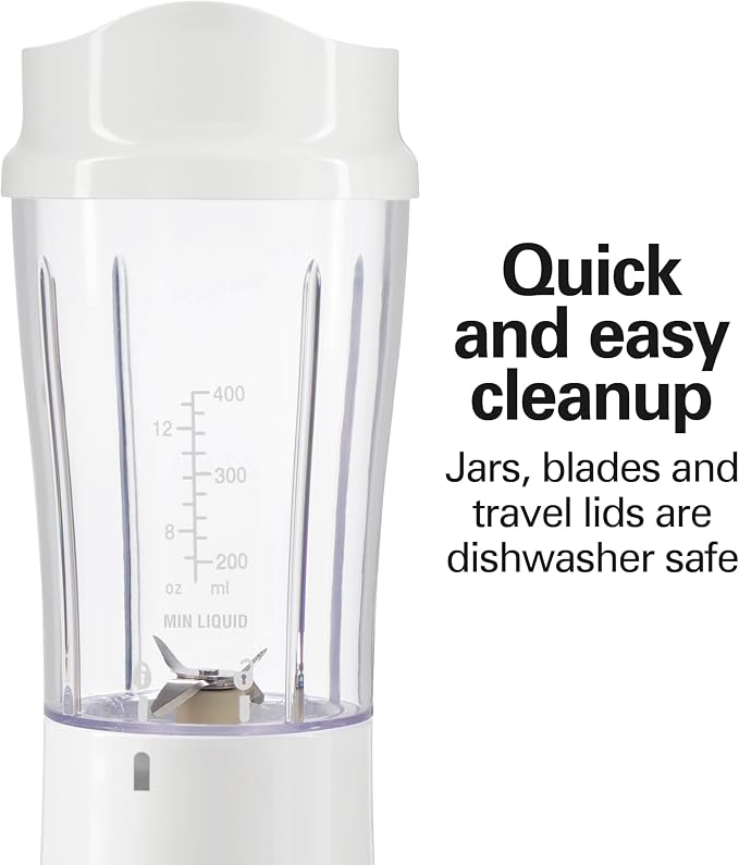 Hamilton Beach Portable Blender for Smoothies With 14 oz. Travel Jar | 2 BPA Free Jars & Lids | Durable Stainless Steel Blades | 300 Watts Peak Power | Personal Smoothie Blender | White | 51102G