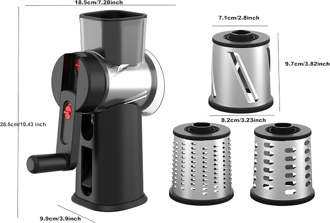 Rotary Cheese Grater Hand Crank with Foldable Handle, Three Blades | Perfect Graters for Kitchen, Fresh Cheese, Vegetables, Nuts, Shredder Hand Crank with Suction Base, Rotary Grader