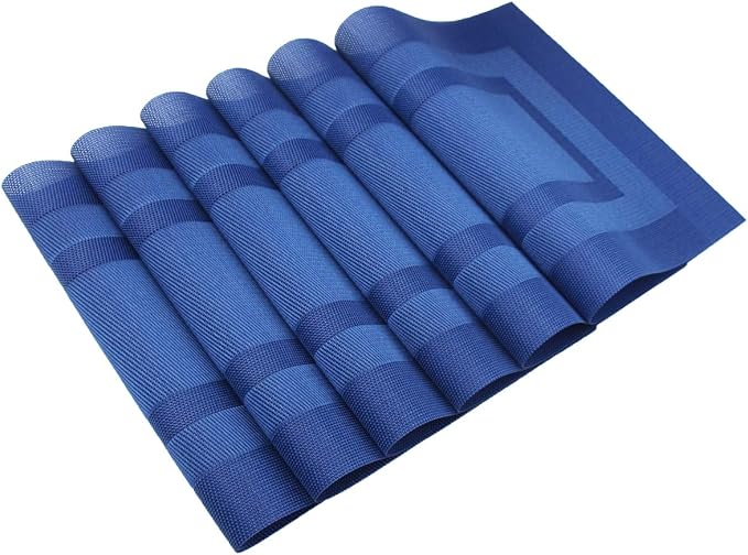 PIGCHCY Placemats with Matching Table Runner,Heat Resistant Vinyl Woven Washable Table mats Sets (6 Placemats+1 Table Runner,Navy Blue)