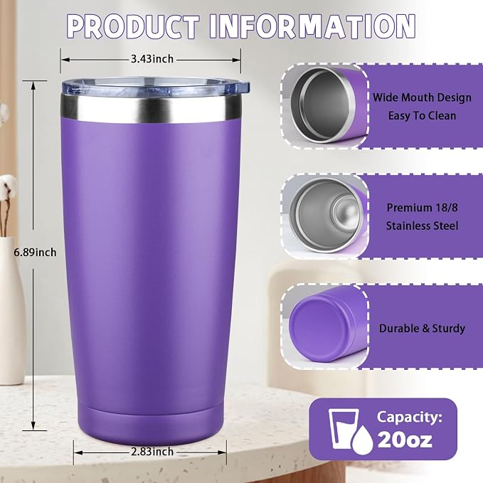20 oz Tumbler with Lids and Straws, Stainless Steel Insulated Coffee Tumbler, Double Wall Vacuum Insulated Travel Mug Cup, Leakproof Thermal Coffee Cup for Hot and Cold Drinks (purple)