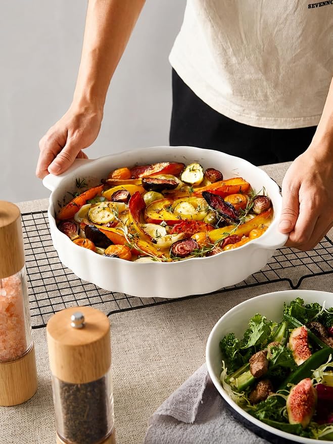Samsle Ceramic Pie Pan For Baking,13Inch Round Baking Dish With Double Handle,Pie Plate With Ruffled Edge-Microwave, Dishwasher, and Oven Safe