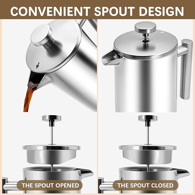 French Press Coffee Maker, 304 Grade Stainless Steel French Press with 2 Extra Filters for Home, Office, Travel, Camping - 34OZ/1 Litre (Sliver)