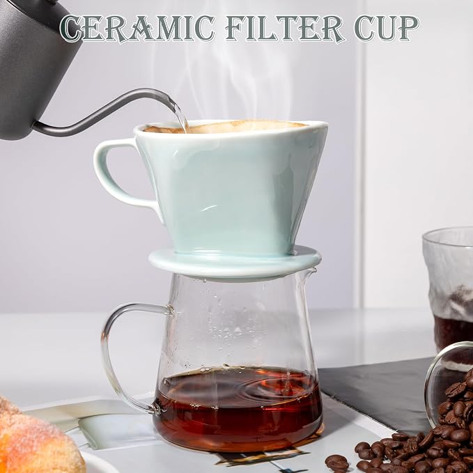 Pour Over Coffee Dripper, Ceramic Pour Over Coffee Maker, Green | 3 Holes Flat Bottom, Easy Manual Brew Maker, Porcelain Slow Filter Cone for Travel, Camping, Office, Home