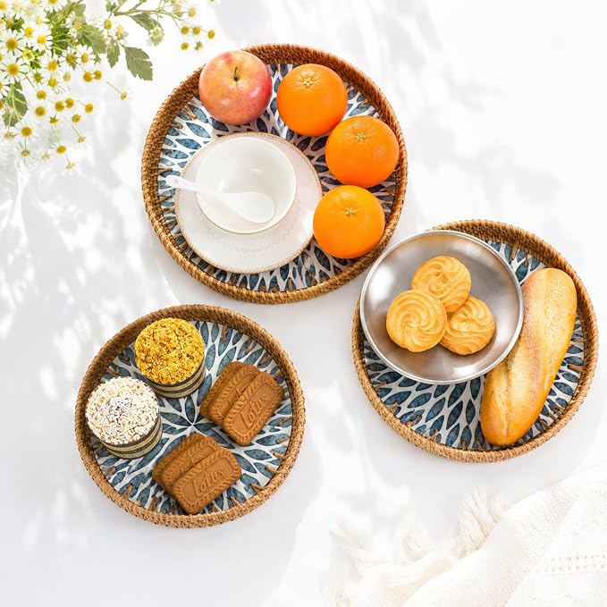 Round Rattan Serving Trays with Mother of Pearl Inlay, Set of 3, Blue | Coffee Table Trays, Decorative Wicker Trays, Bread and Fruit Display, Ottoman Tray Set, Leaf Pattern