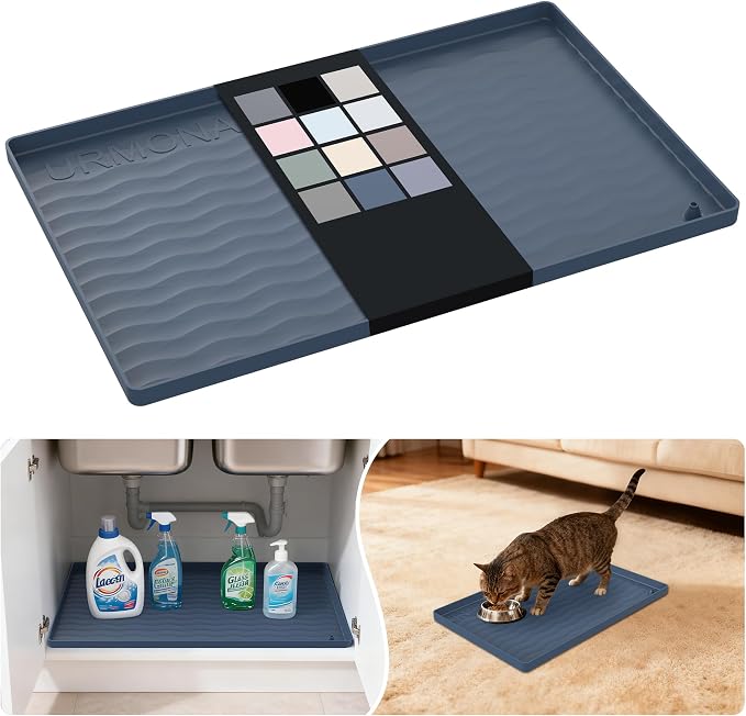 URMONA Waterproof Silicone Under Sink Mat 25'' x 22'' Shelf Liner for Kitchen and Bathroom, Cabinet and Counter Protector, Storage and Organizers, Litter Mat, Pet Cat Puppy Essentials(Dark Grey)