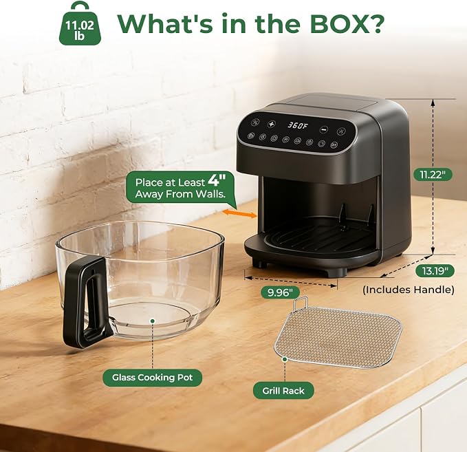 5 QT Glass Air Fryer, Non Toxic Airfryer with Digital Touch Control | 8 Preset Modes, PTFE/PFAS Free, BPA-Free, Uncoated High Borosilicate Glass Basket, Dishwasher Safe, Black
